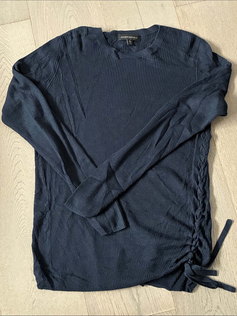 Banana Republic Women’s Navy Ribbed Crewneck Sweater with Side Tie Detail
